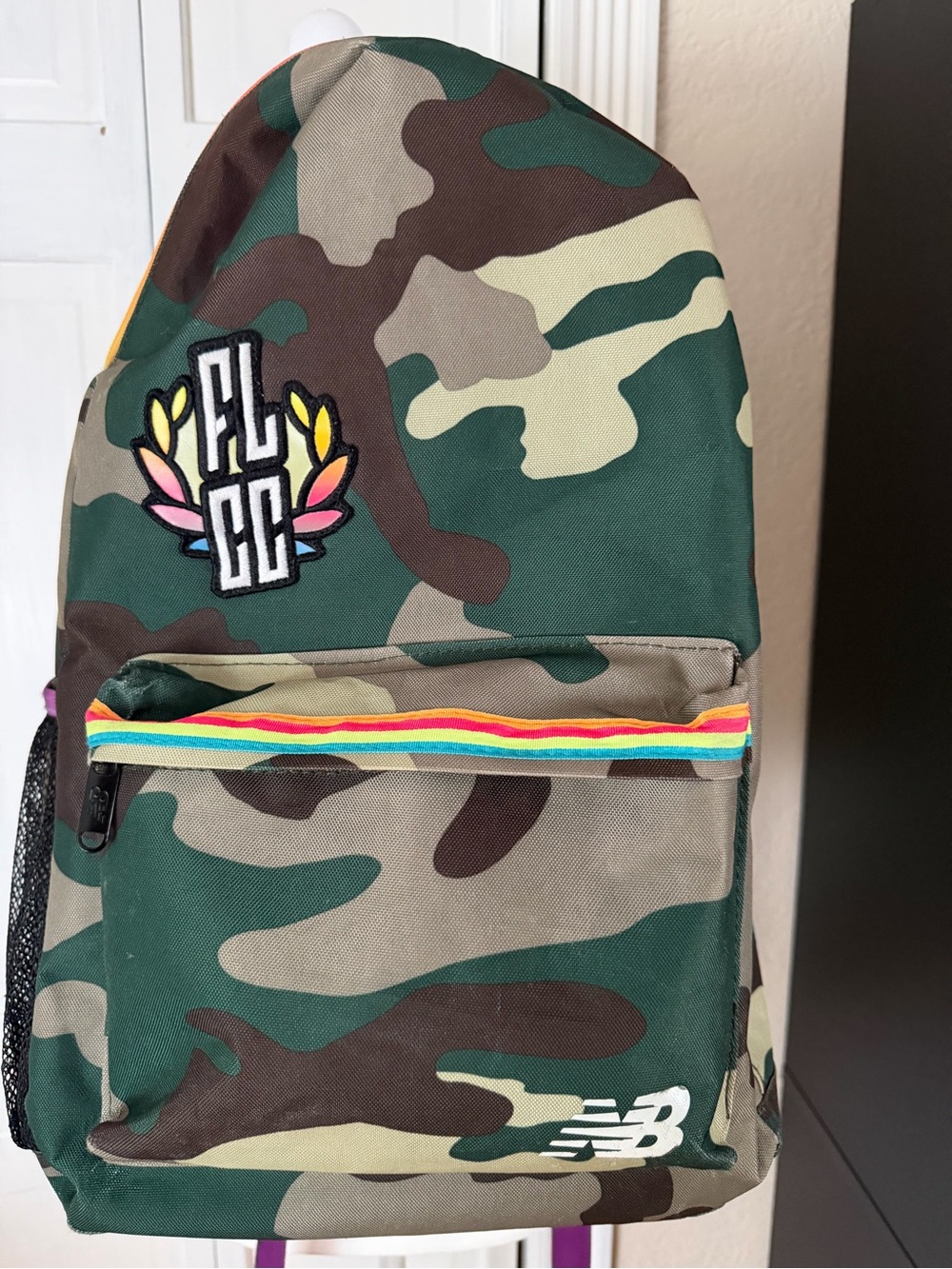 New Balance Green Camouflage Backpack with Rainbow Trim